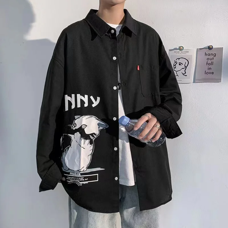 

Мужская модная Молодежная рубашка 2022 с принтом кота, корейские свободные рубашки с длинным рукавом для студентов, рубашки с отложным воротником белого/черного цвета