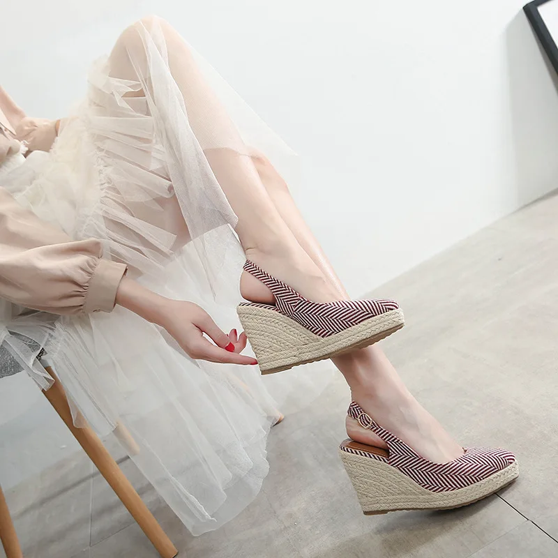 

Wedge shoes new sandals back empty shoes women pointed toe toe slippers high heels thick bottom straw woven