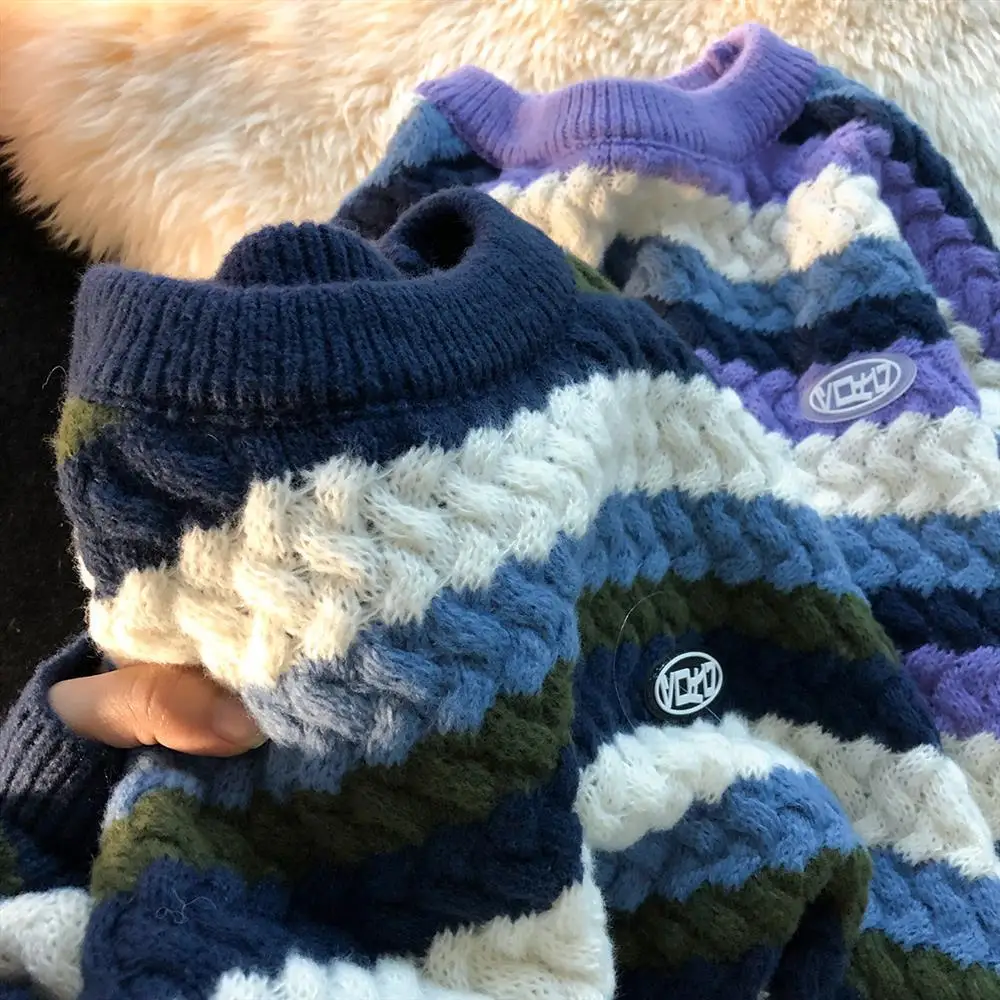 

Pullover Rainbow Twist Striped Sweater Men's and Women's Autumn and Winter New Round Neck Couple Knit Sweater LazyWind ShirtTide