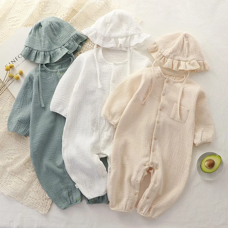 Newborn Baby Clothes 100% Cotton Gauze Romper+Cap Set Onepiece Pijamas Macacão Infantil Muslin White Waffle Jumpsuit Mamelucos