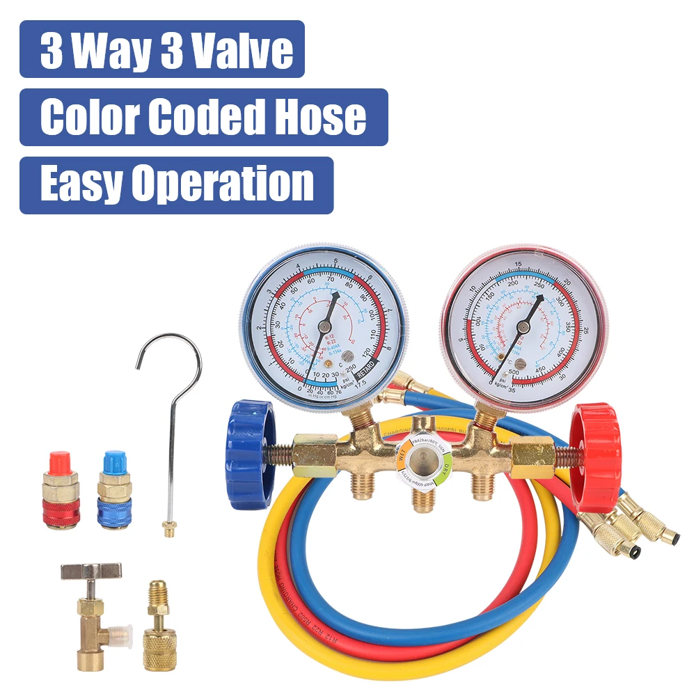 

Fit for R12 R22 R404A R134A Air Condition Refrigeration Recharge 3 Way Refrigerant Manifold Gauge Set
