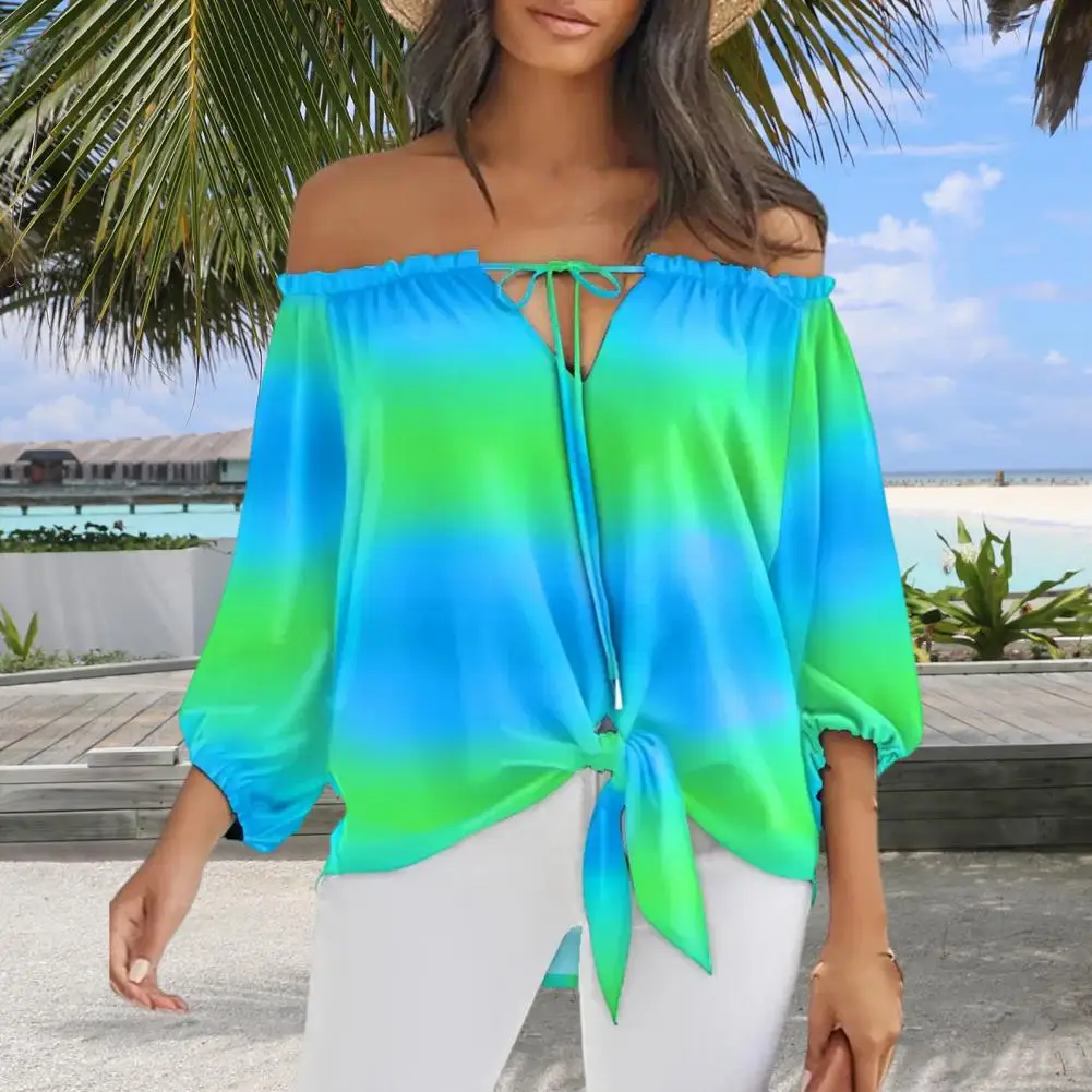 

Women Blouse Exquisite Pattern Lantern Sleeve Off Shoulder Vivid Color Women Revealed-Back Long-sleeve Shirt Female Clothing