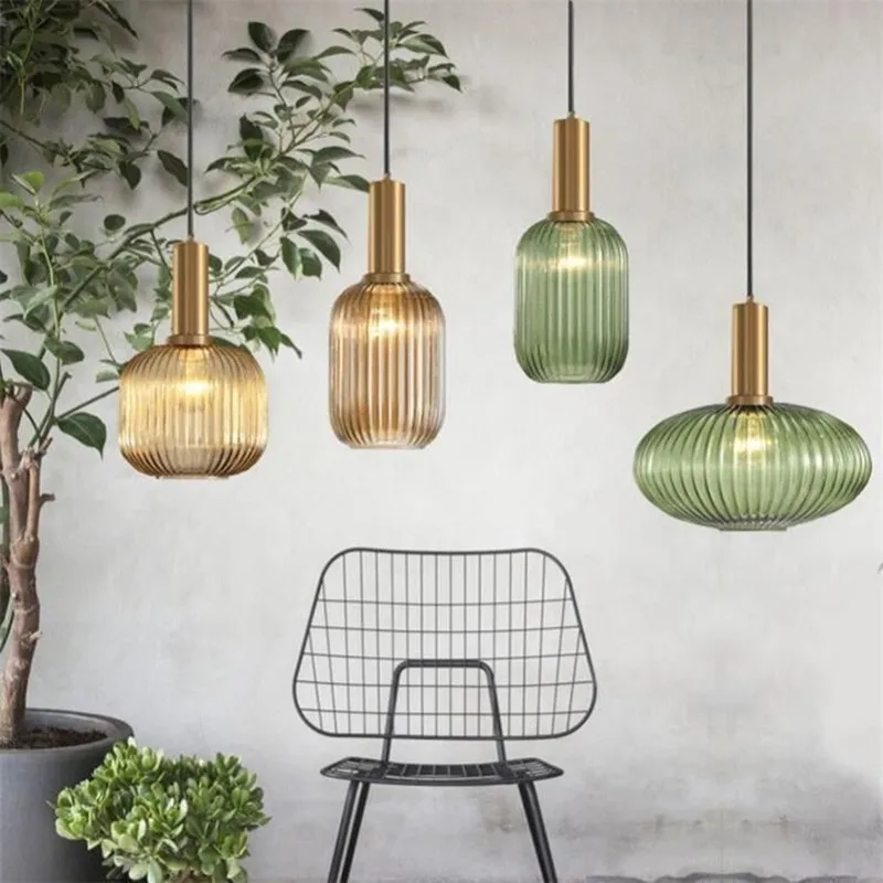 Nordic creative bar restaurant chandelier simple personality stripe lantern chandelier single head glass chandelier