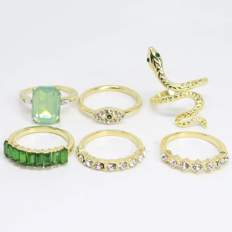 

6pcs Golden Snake Ring Set for Women Green Crystal Geometric Evil Eye Rings Trendy Female Party Jewelry Gifts Dropshipping