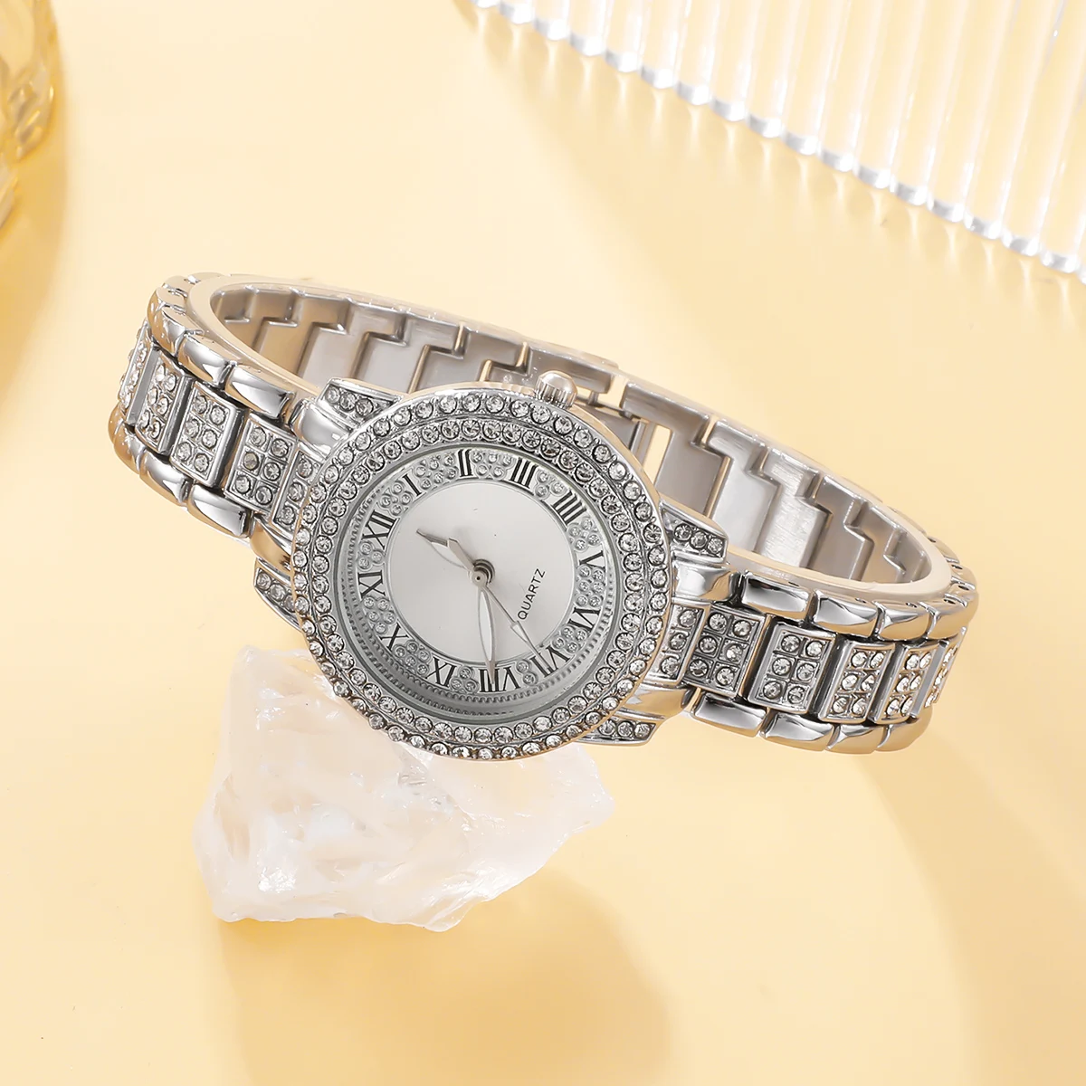 Модные женские Серебристые кварцевые часы со стальным ремешком, роскошные бриллиантовые часы, кольцо, серьги, ожерелье, браслет [без коробки]