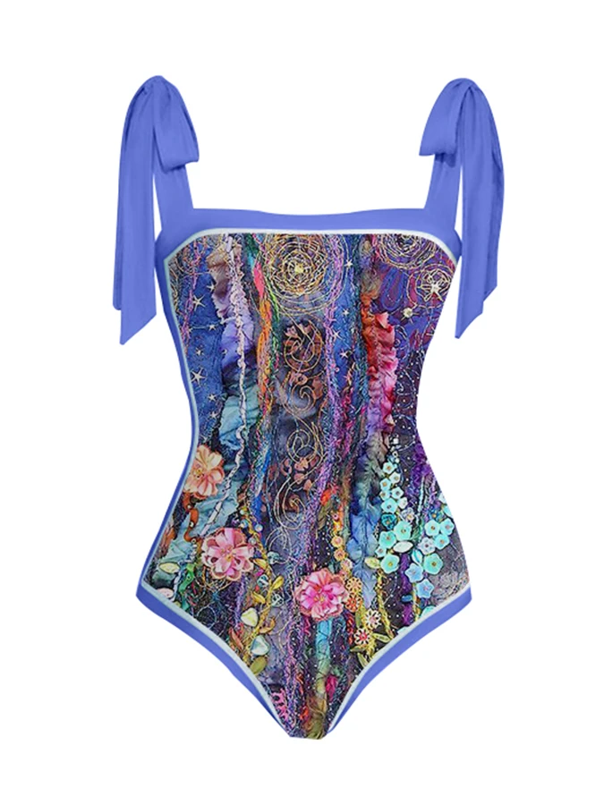 

2022 New Fashion Flower Print Bikini Slim One Piece Beachwear Seamless Stitching Butterfly Strap Elegant Swimsuit Women