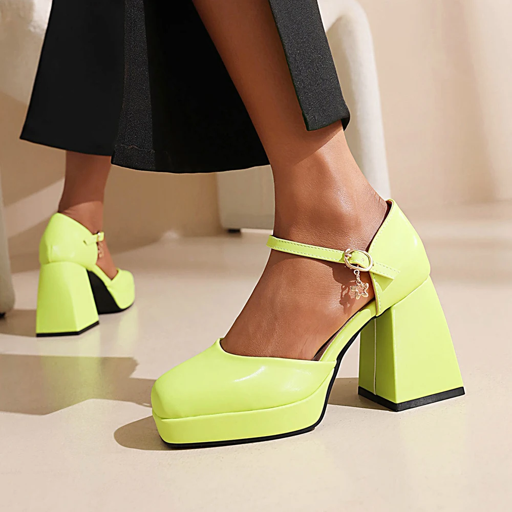 2023 Candy colors Platform Pumps Women Pu Leather Square Toe Mary Jane Shoes Woman Goth Thick High Heels Shoes Ladies