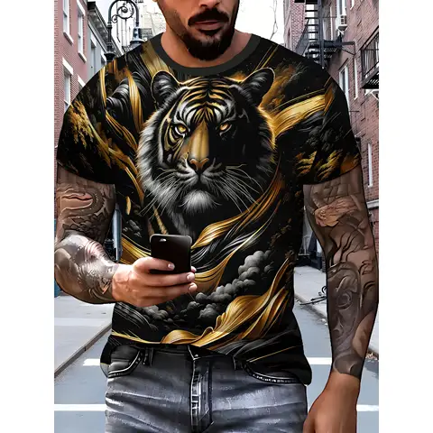 Мужская футболка с 3D-принтом и рисунком тигра - летняя футболка из дышащей полиэстера с короткими рукавами и круглым вырезом для занятий спортом на открытом воздухе