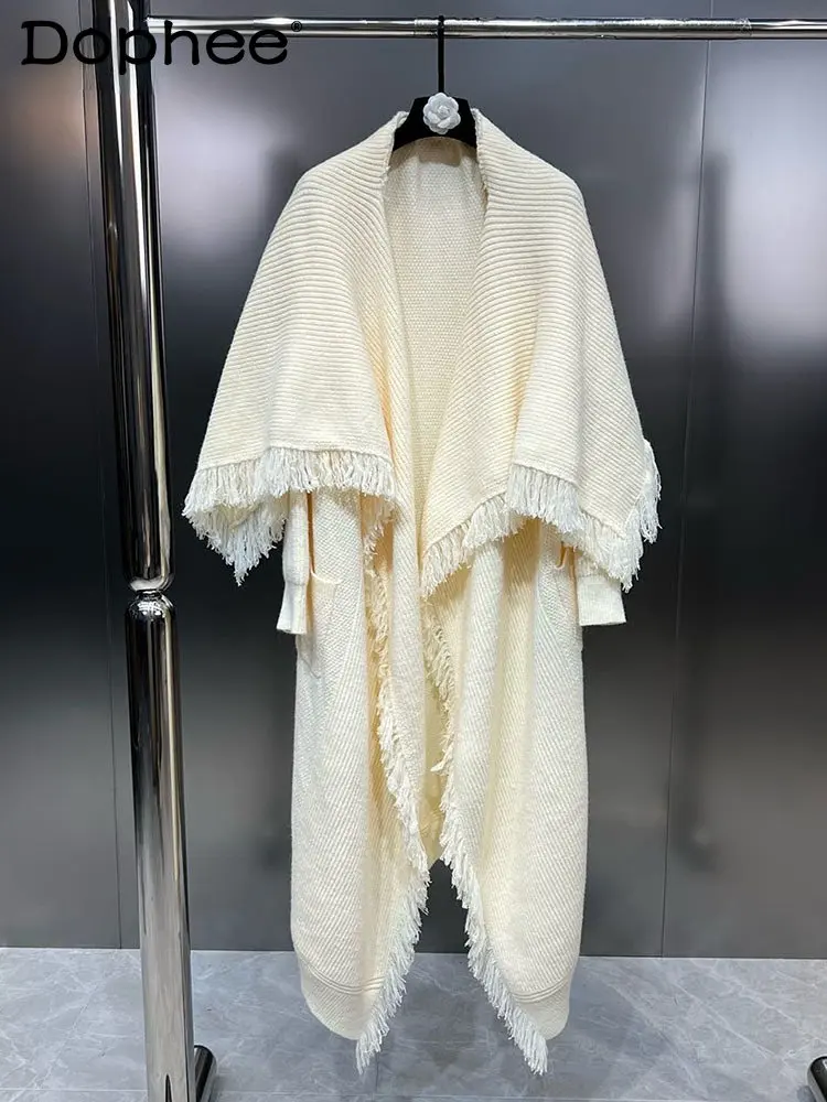 

Fashion Simple Tassel Knitted Cardigan Women Loose Casual Turn-down Collar Long Sleeve Sweater 2023 Autumn Female