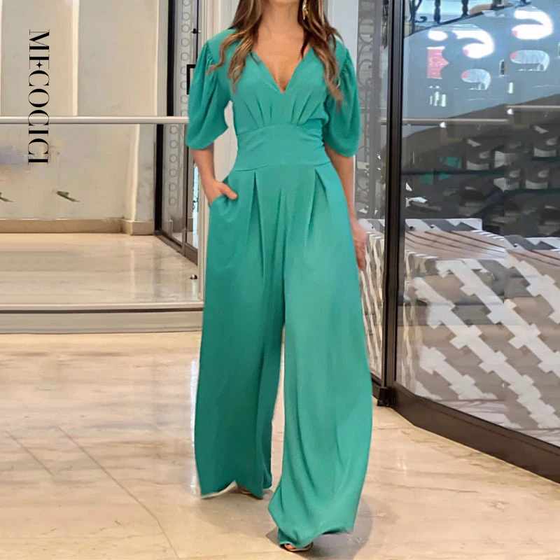 MECOCICI Women Jumpsuit Puff Short Sleeve V Neck Backless Nipped Waist Loose Wide Legs Casual Pants Romper High Streetwear