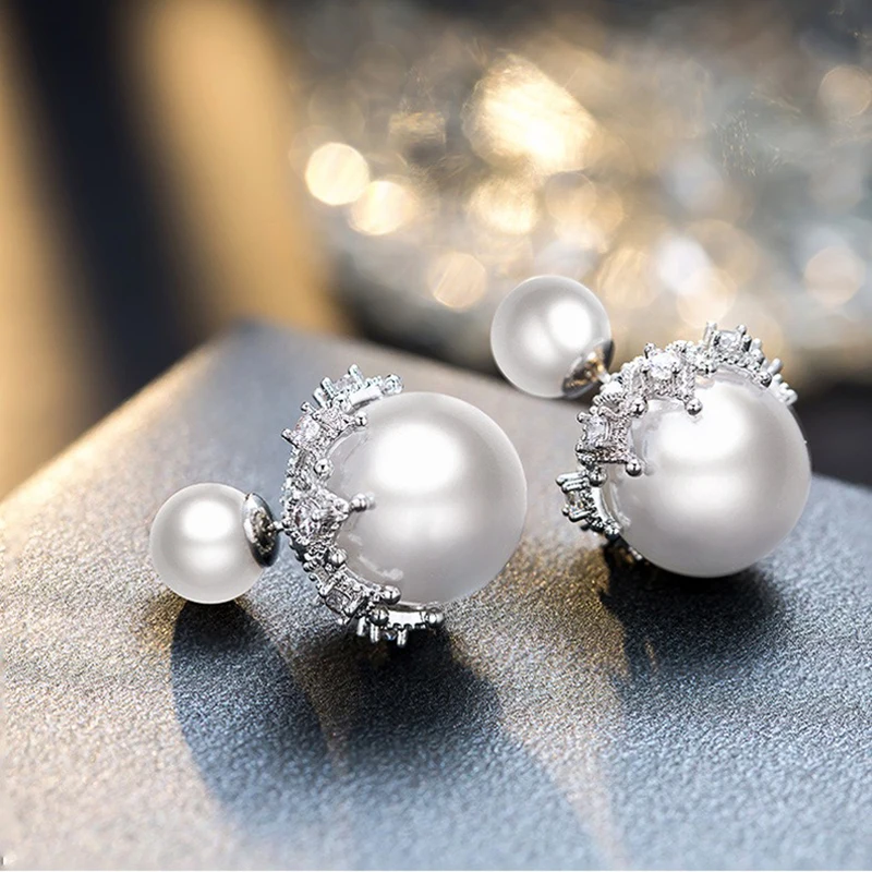 Fashion Elegant Double Sides Pearl Stud Earring Trendy Two Ball Crystal Statement Earrings For Women Wedding Party Jewelry Gift