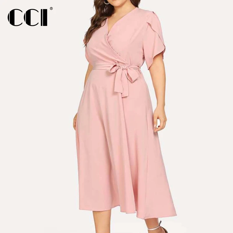 

CCI Plus Size Vestidos Midi Elegante De Verano Mujer 2022 Pink Dresses for Women Short Sleeved V Neck Casual Summer YJ008B