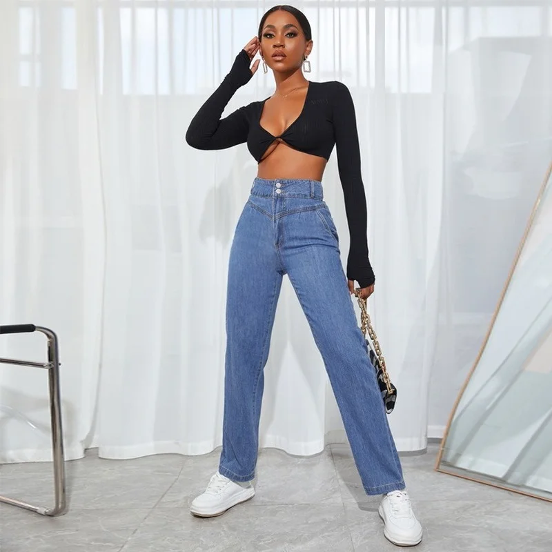 

Джинсы женские прямые однотонные на пуговицах, модные брюки из денима свободного покроя, уличная одежда, винтажные джинсы с завышенной тали...