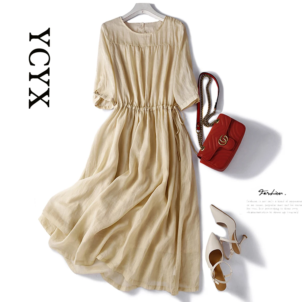 

YCYX women cotton and linen dress Summer Women's Temperament Round Neck Midi Skirt Loose Casual Dress Vestidos for Women YCYX056