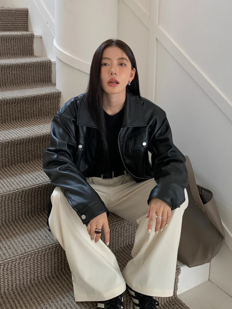 Halo Luu черное кожаное пальто верхняя одежда женская весна и осень 2024 новая