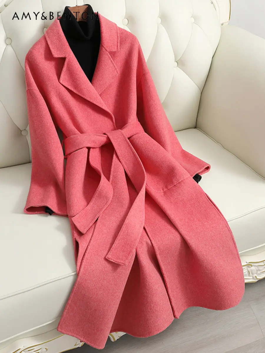 

Осенне-зимнее Новое Элегантное двустороннее кашемировое пальто женское свободное шерстяное пальто средней длины в стиле Хепберн