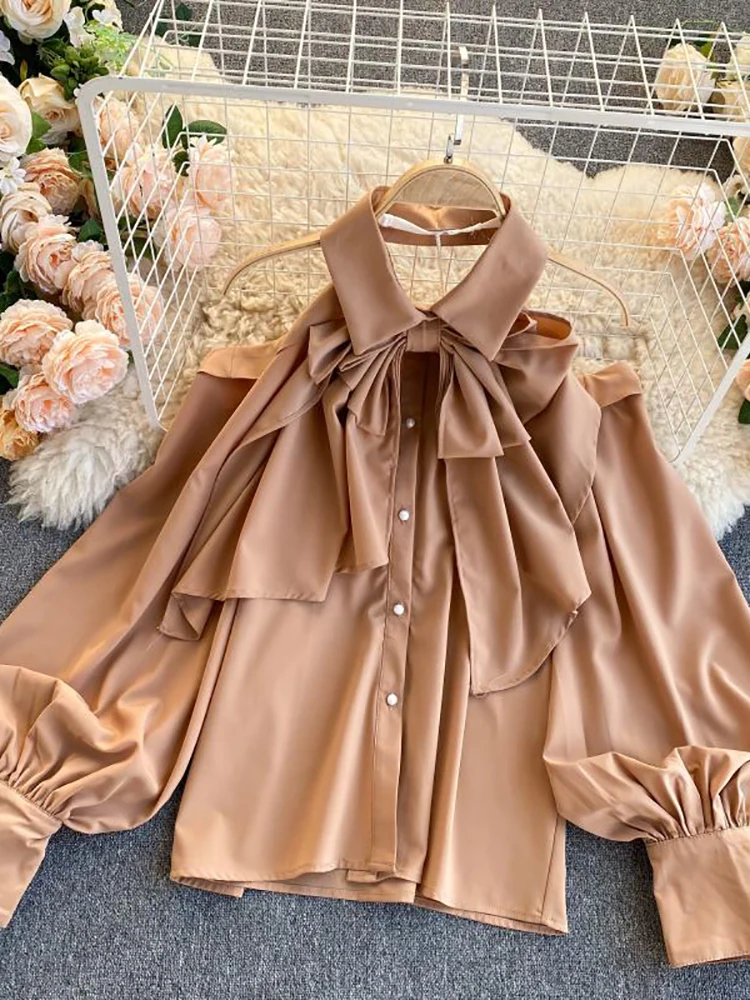 

Autumn Women Sexy Halter Hollow Out Blouse Female Black/Yellow/White Lantern Long Sleeve Single Breasted Bow Shirts Blusas New