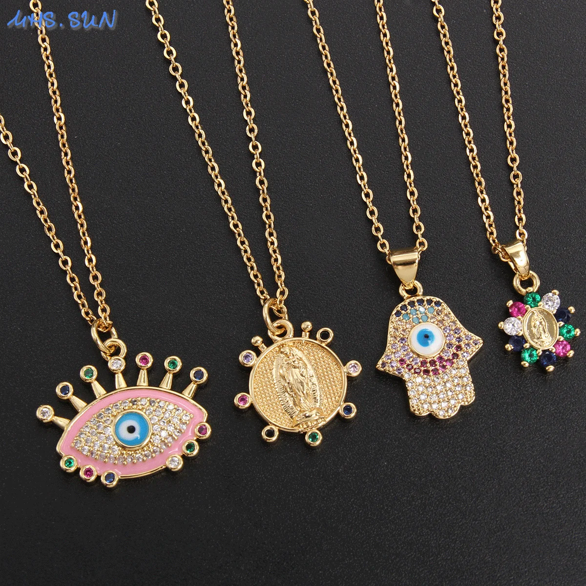 

MHS.SUN Newest Gold Plated Turkish Evil Eye Necklace Zircon Religious Virgin Pendant Necklaces Woman Clavicel Chain Jewelry Gift