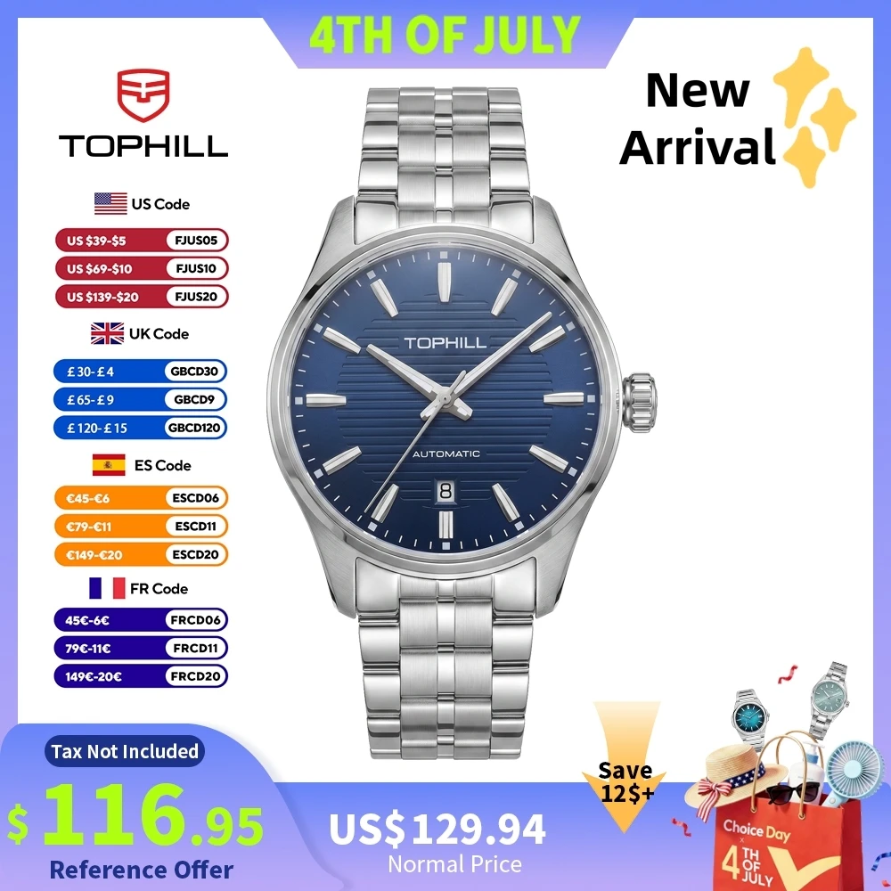 Фото Мужские механические часы TOPHILL 40 мм с механизмом Miyota 8215, автоматические, деловой/повседневный стиль, водонепроницаемость 5 бар, сапфировое стекло, дата на 6 часах, застежка-бабочка, TW101G №1
