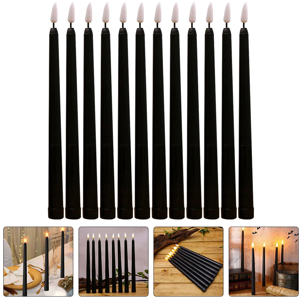 

12 Pcs Fake Black Dining Table Decor Decorative Light Conical Party Plastic Lights LED Taper Candles Flameless
