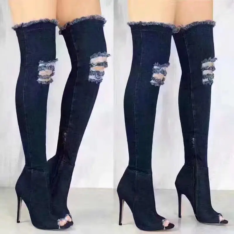 

Knee High Boots Sexy Slim Stretch Denim Jean Boots Fish Toe High Heels Boots Botas De Mujer Ladies Fashion Booties Runway Shoes