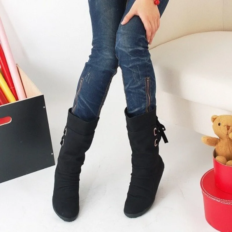 

Women Fashion Mid-Calf Boots Platform Botas Slip on Lace-up Solid Flat Heels Ladies Casual Warm Shoes Mujer Zapatos