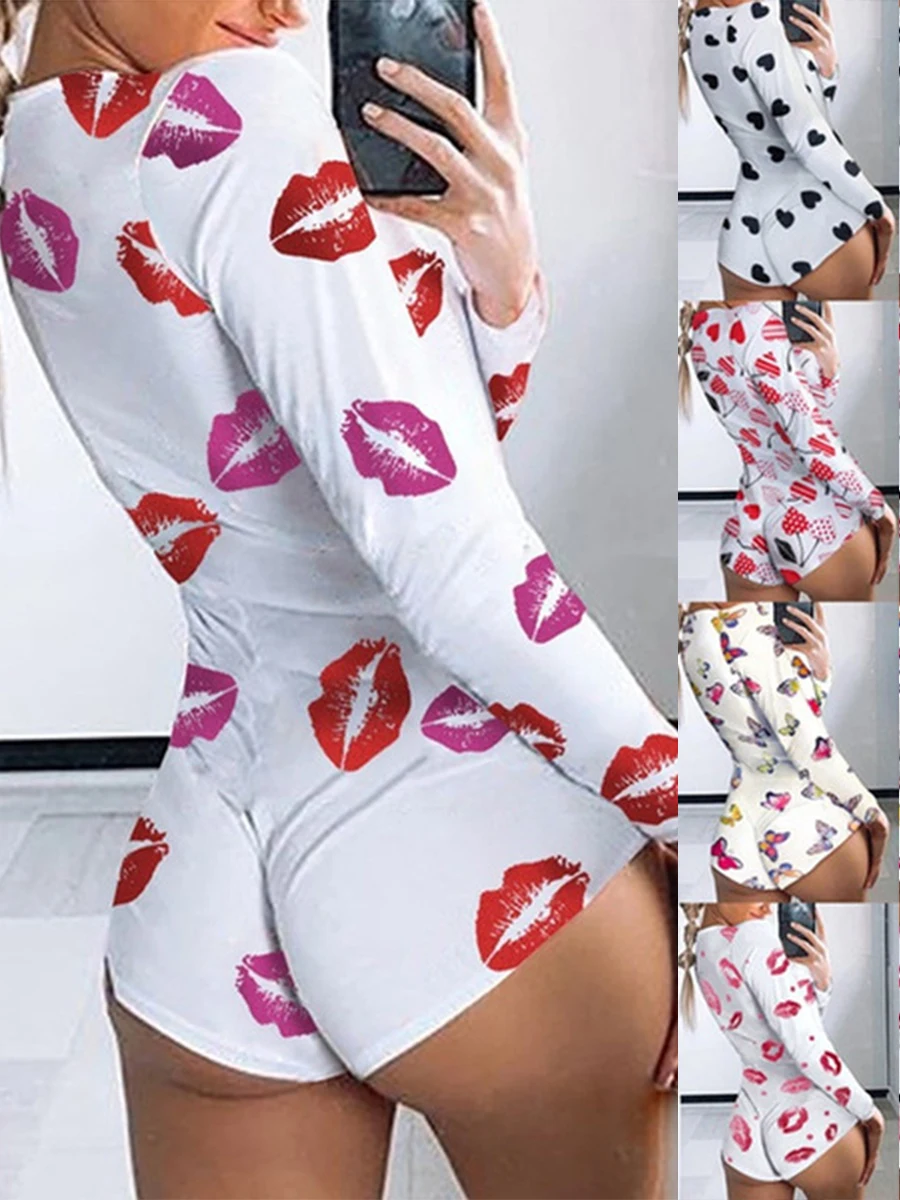 

Женский комбинезон с круглым вырезом, длинным рукавом и принтом