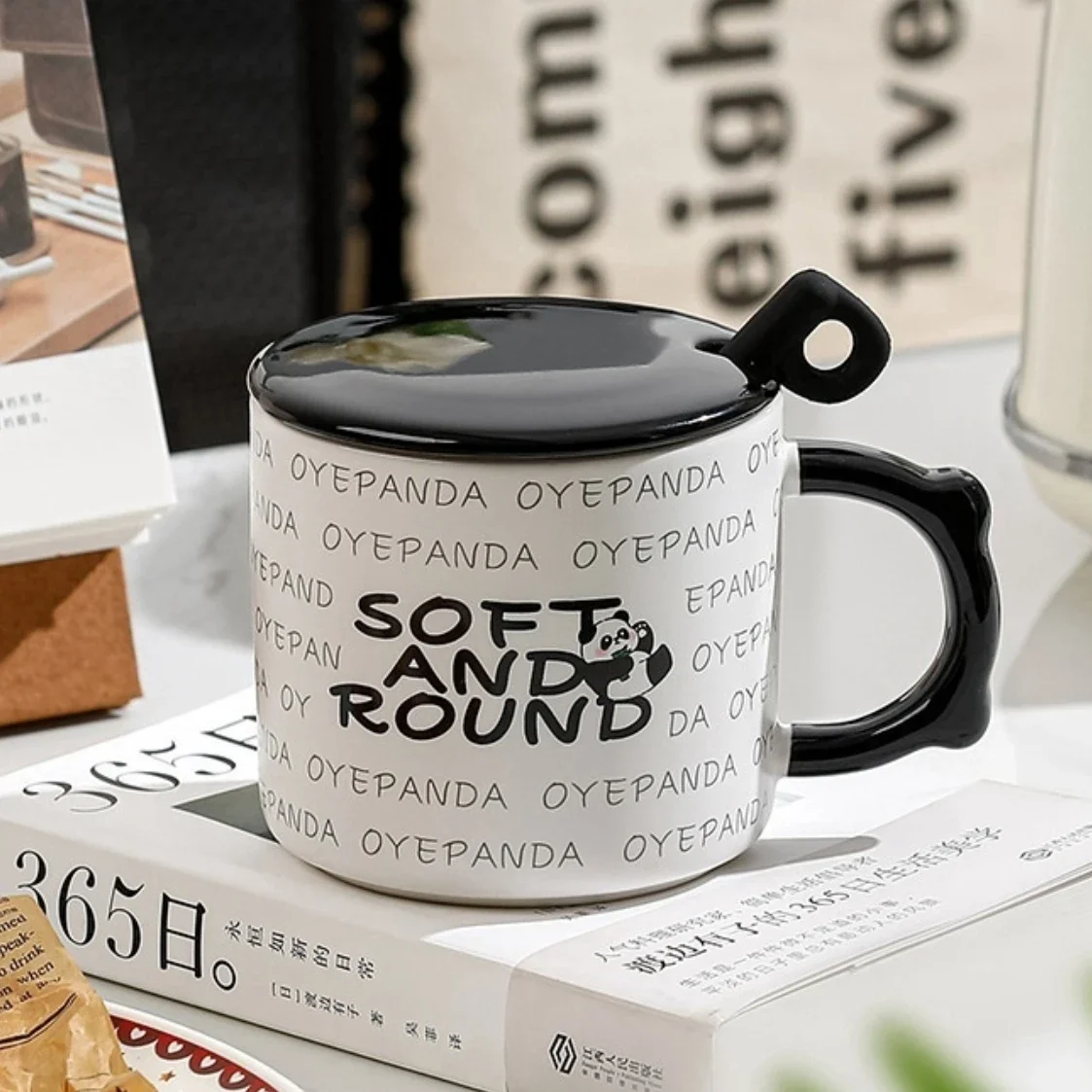 

380ml Featured Panda Mug, Beautiful Ceramic Coffee Cup Breakfast Beverage Cup with Lid and Spoon Office and Home Water Cup