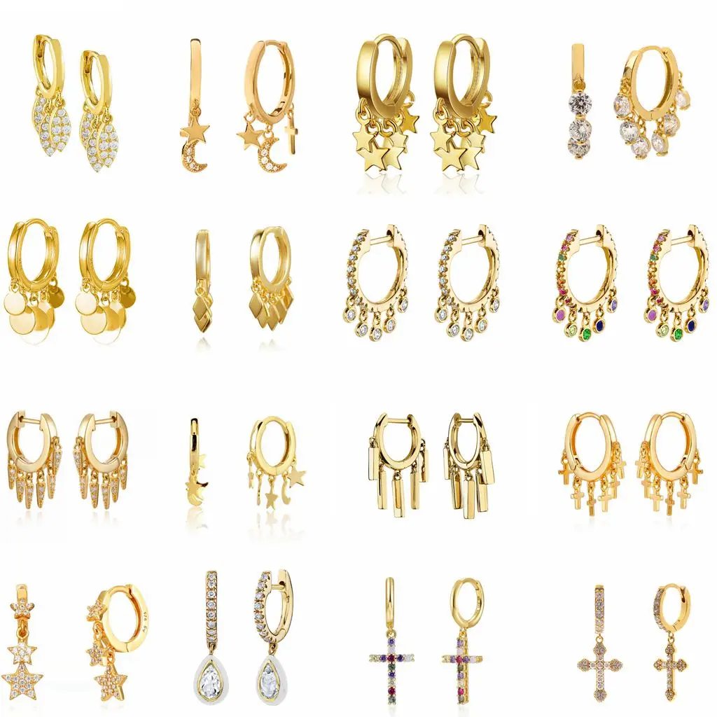 925 Sterling Silver Ear Needle Star Moon Cross Pendant Hoop Earrings For Women Light Luxury Zircon Circle Round Earring Jewelry