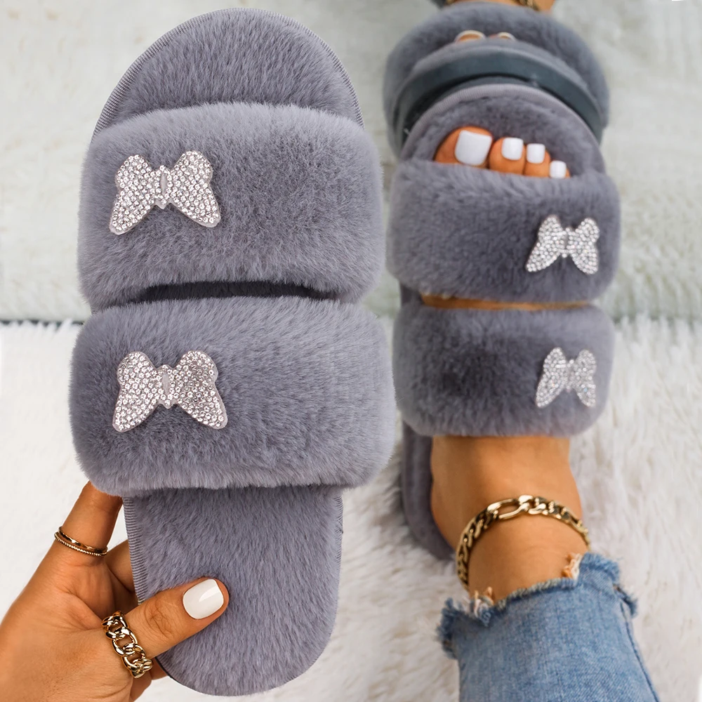 

Winter omen House Slippers Rhinestone Butterfly Fluffy Slippers Open Toe Furry Slides Indoor Floor Flat Shoes Winter Warm Shoes