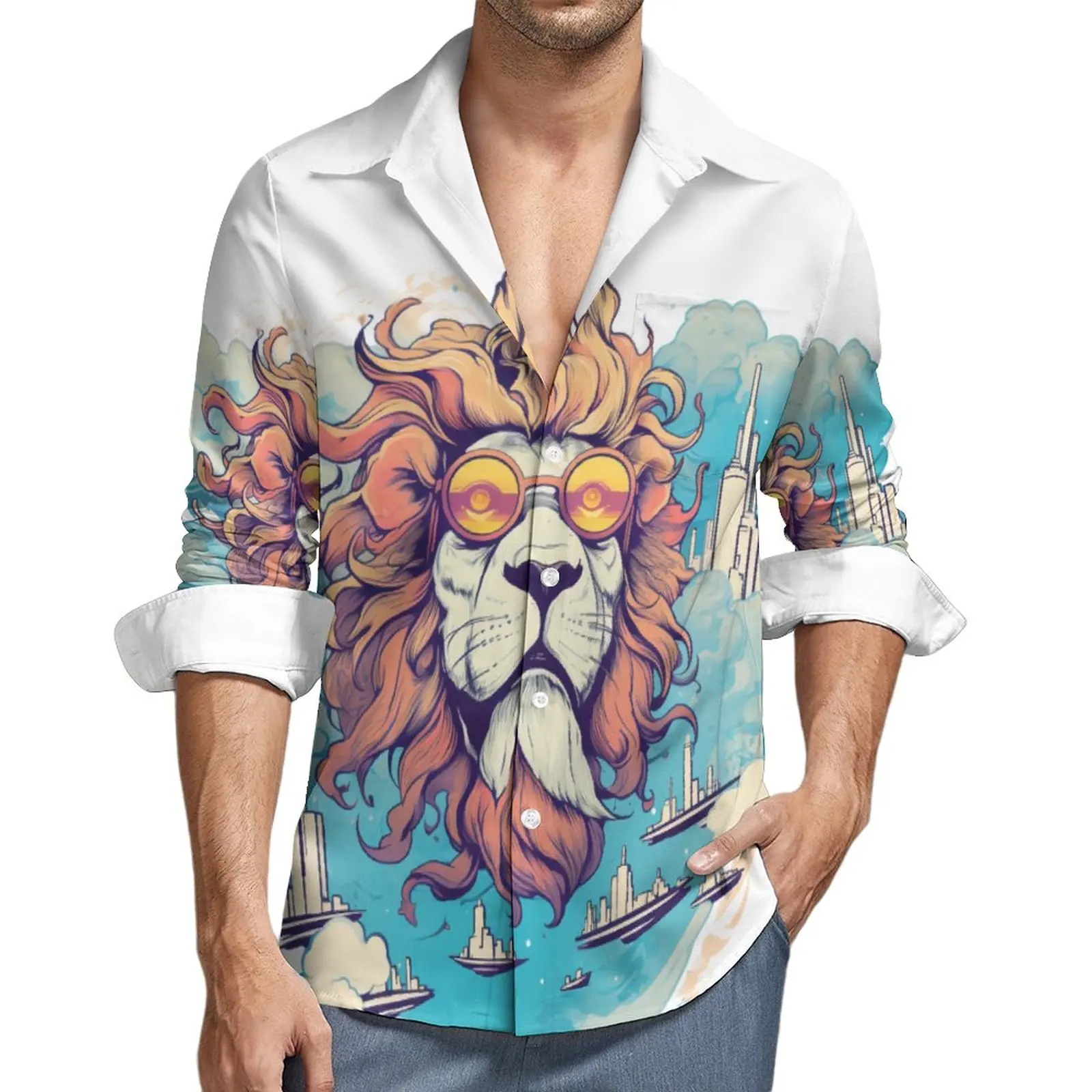 

Lion Aesthetic Casual Shirt Male Animal With Glasses Sky Shirt Autumn Fashion Blouses Long Sleeve Graphic Oversized Clothing