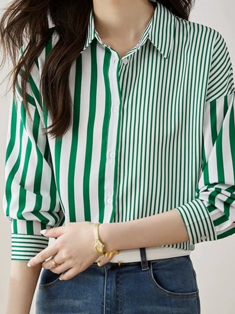 Женская шифоновая блузка EVNISI в зеленую полоску с принтом воротник-поло шикарная