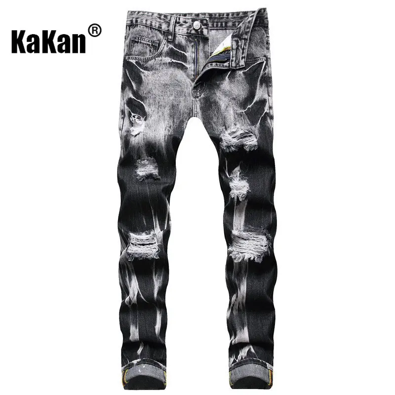 Kakan - New European and American Men's Straight Leg Jeans with Multiple Holes, Casual Pants, Black Jeans K44-9251