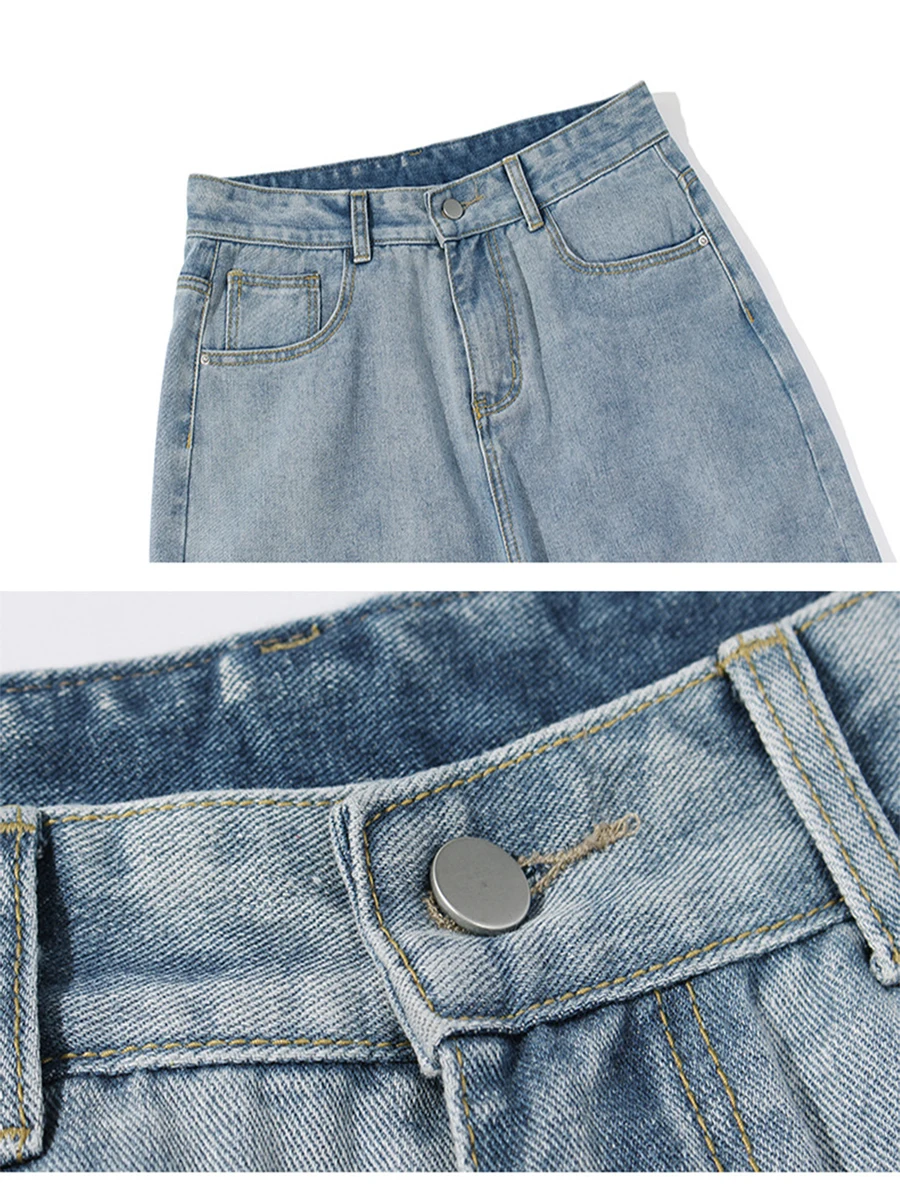 European and American High Street Men's Straight Loose Jeans Solid Color Washed Straight Trend Fashion Streetwear Ins Hot Sale