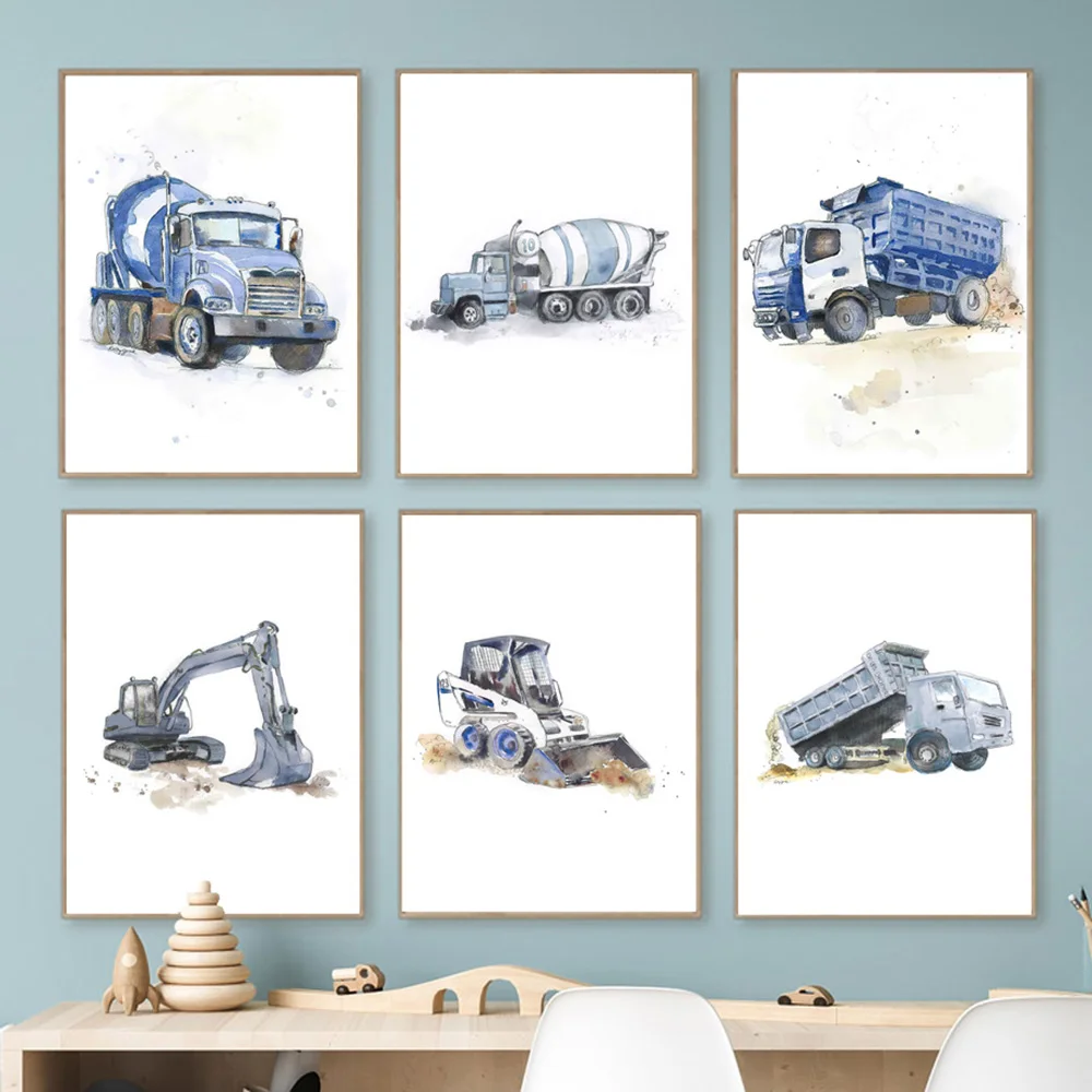 

Navy Blue Dump Truck Wall Art Canvas Painting Nordic Poster And Print Bulldozer Garbage Pictures Artwork Kids Nursery Room Decor