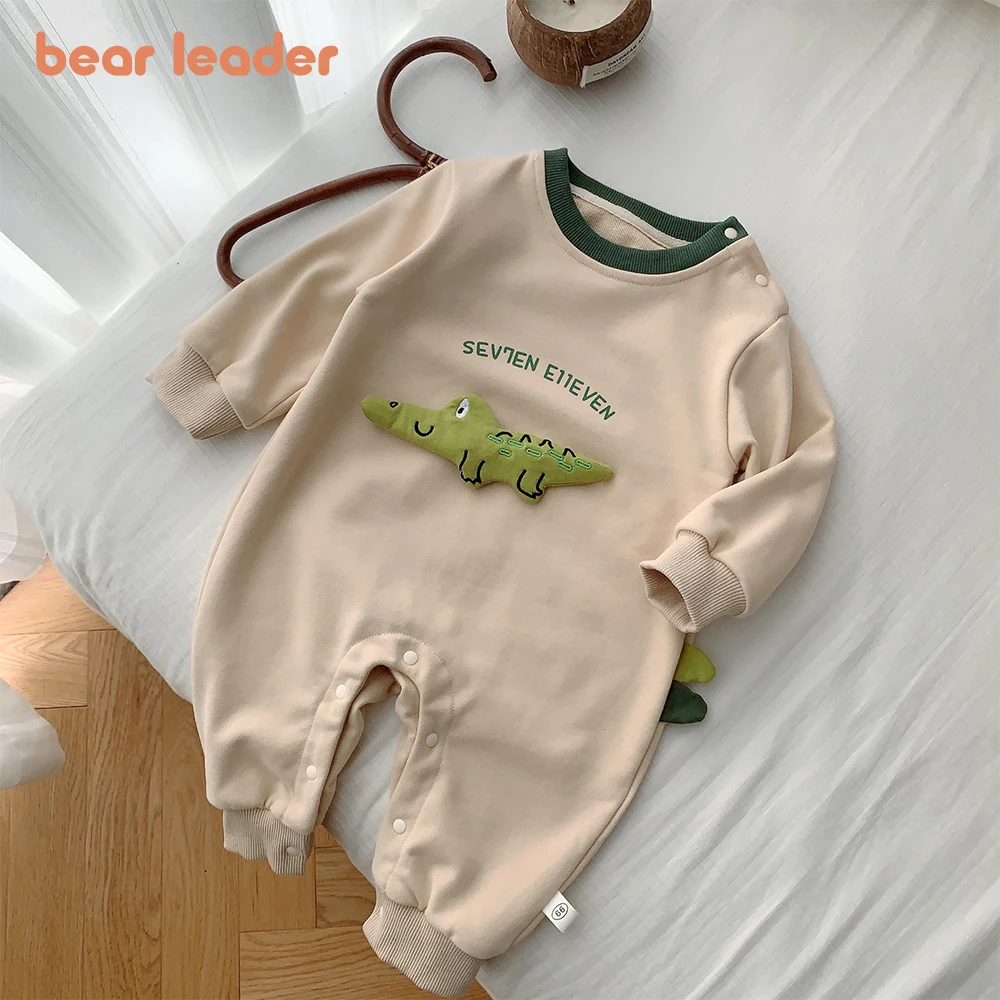 

Bear Leader Baby Creeper 2023 New Cute Toddler Cartoon Crocodile Applique Bodysuit Toddler Round Neck Long Sleeve Bodysuit
