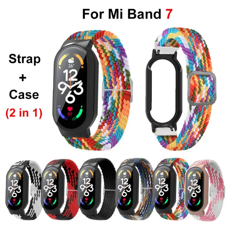 

Чехол 2 в 1 и ремешок для умных часов Xiaomi Mi Band 7, регулируемый нейлоновый плетеный браслет с ремешком для Xiaomi Mi Band 7, утолщенный