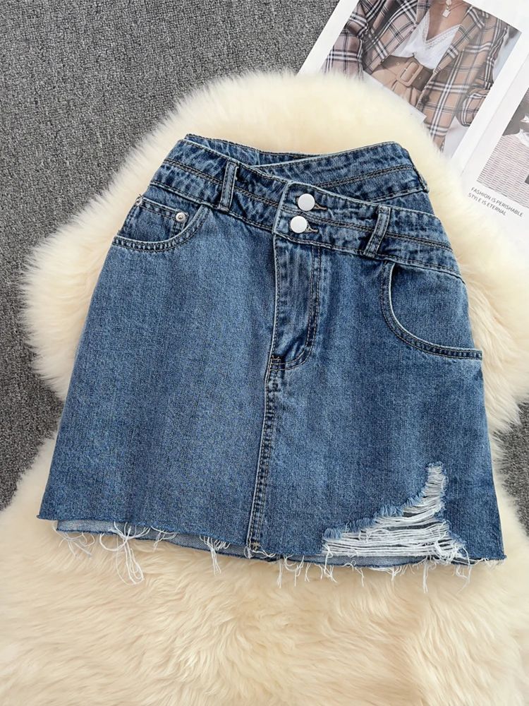 

FTLZZ Summer Sexy Ripped Holes Blue Denim High Wais Skirt with Safe Shorts Retro Jeans Skirts Women Casual Mini Skirts