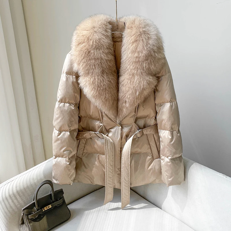 

Hot Selling 2023 Winter New Fashion Big Fox Fur Collar Goose Down Waist Retraction Slim Fit Women's Mid Length Down Coat