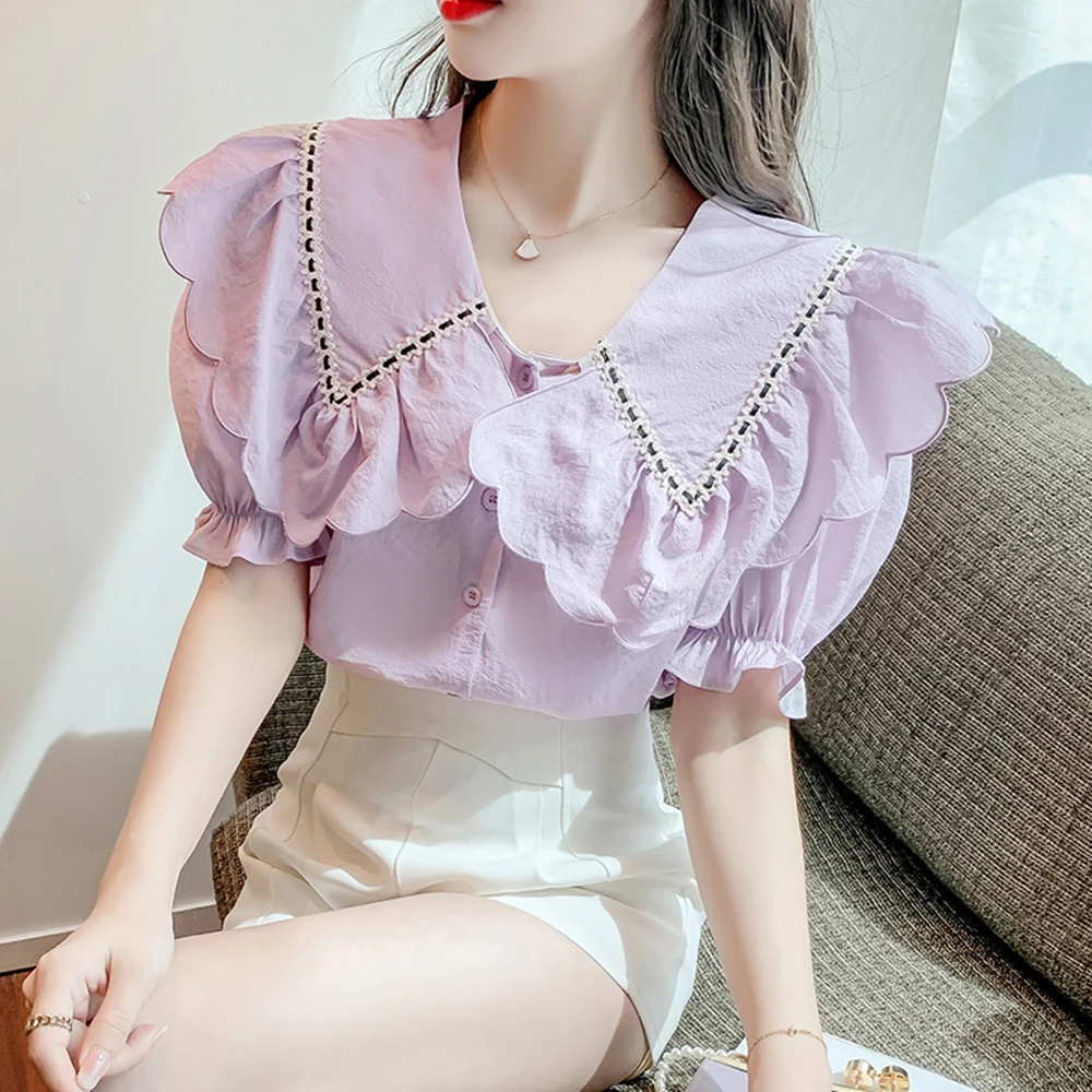 

Blouses Women Chiffon Comfortable Summer Ruffles Sweet Lovely Students Ulzzang Retro All-match Classic
