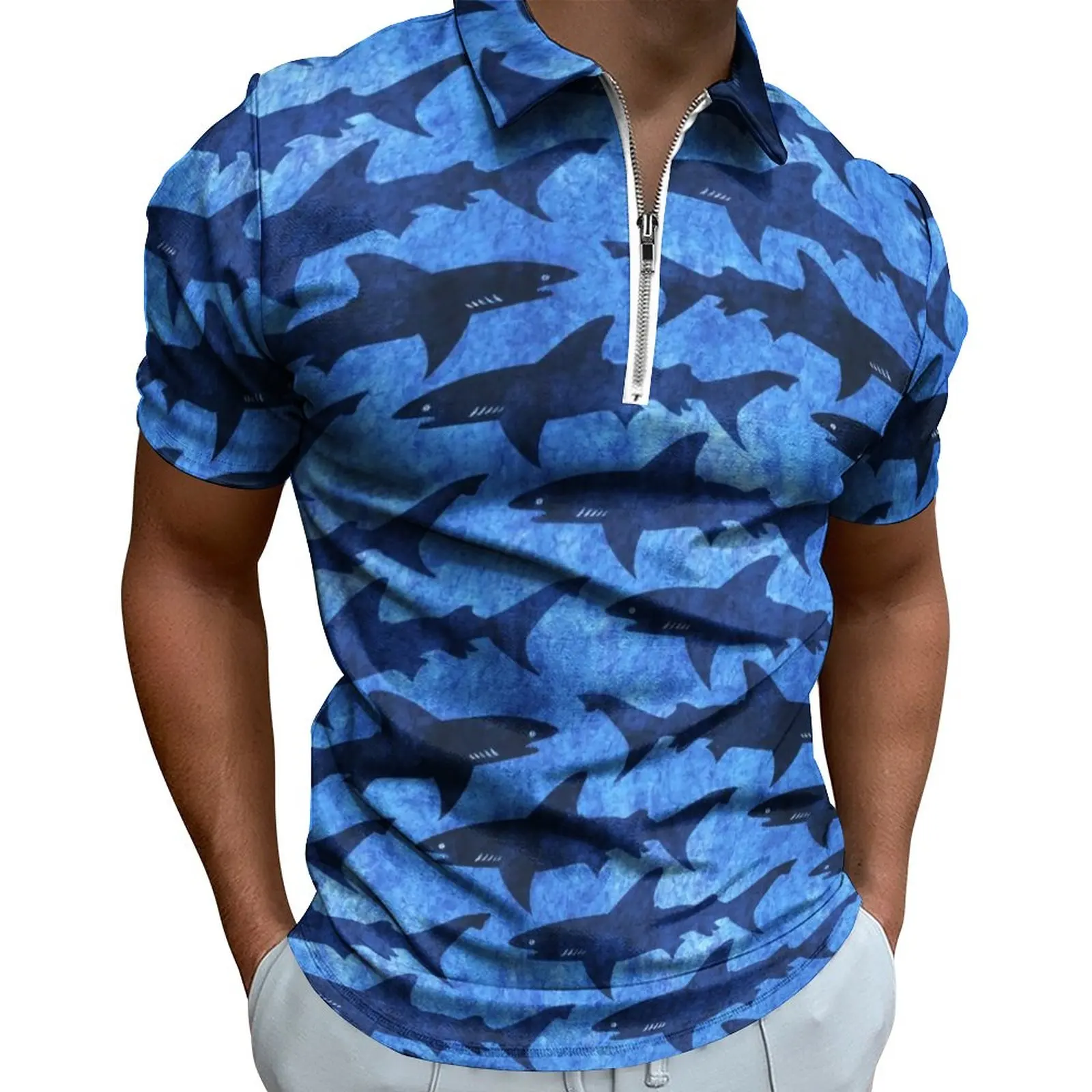 

Рубашка-поло «Акула в глубоком синем море», забавная Повседневная рубашка с животным, Пляжная уличная одежда, футболки с коротким рукавом и ...
