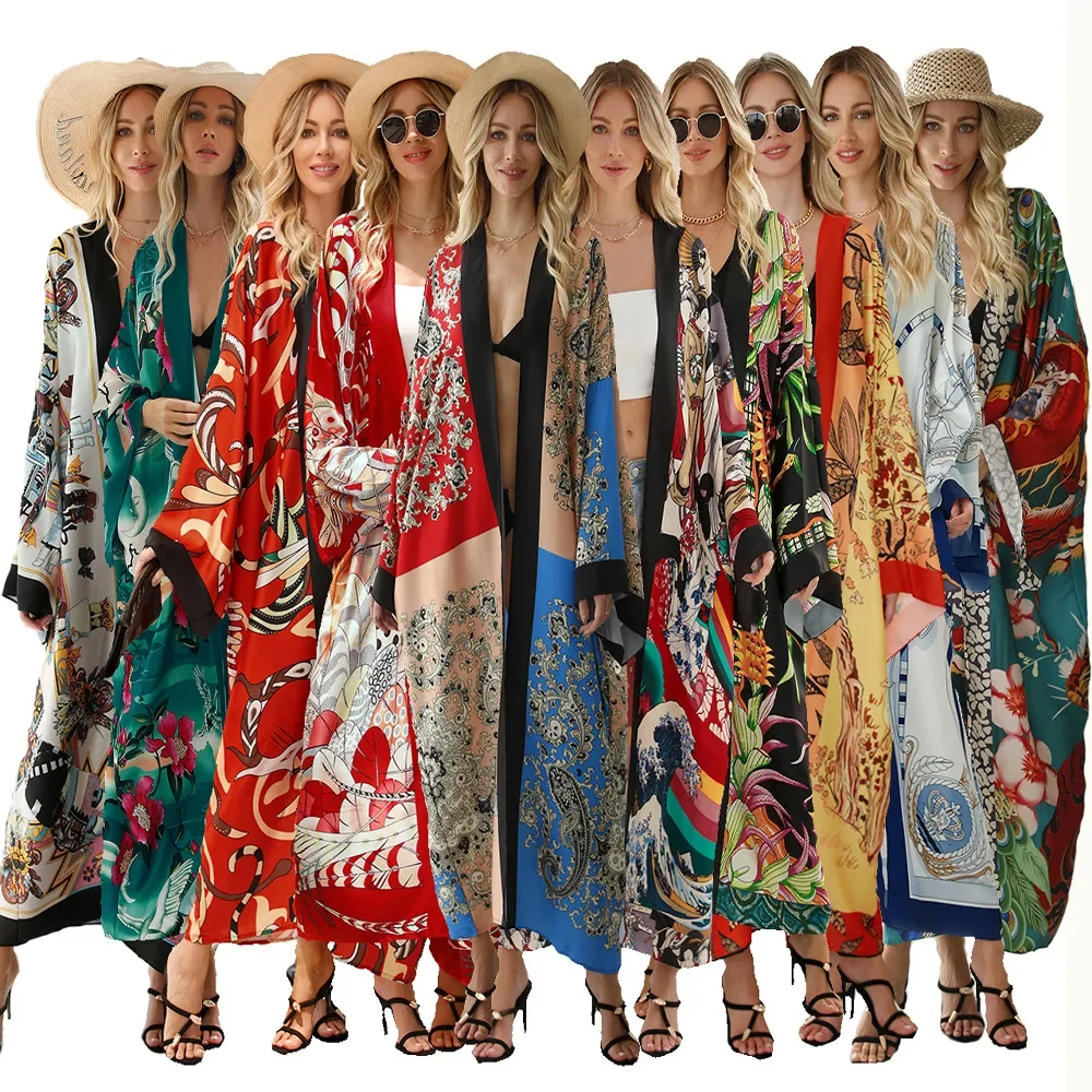 Женское кимоно с принтом длинное летнее из полиэстера длинным рукавом японская