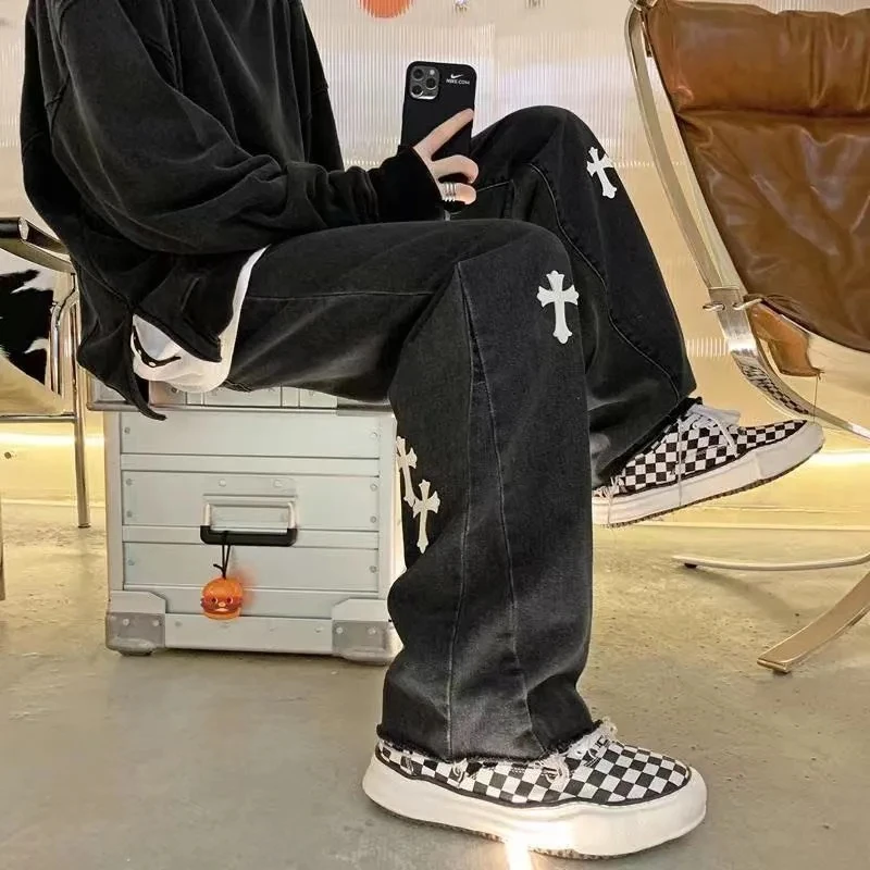 Men's jeans European and American high street cross embroidery y2k hip-hop tide brand straight loose wide-leg pants ins hot sale |