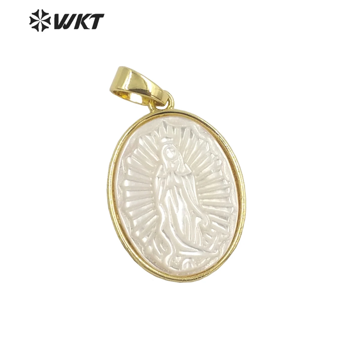 

WT-JP320 Wholesale Fashion Religious Christian Virgin Mary Shell Pendant Gold Bezel Oval Shape MOP Jewelry Finding