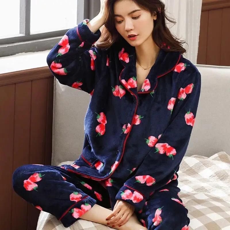 Winter Warm Women Pyjamas Sets Thick Coral Velvet Long Sleeve Cartoon Sleepwear Flannel Pajamas Set Pijama Mujer Homewear