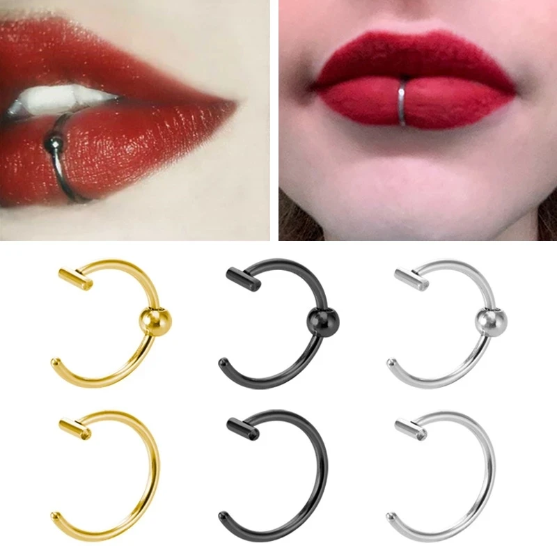 WKOUD 1-3pcs Women Lip Ring Piercing Fake Stainless Steel Nose Ring Septum Piercing Clip on Mouth Non Piercing Punk Hoop Earring