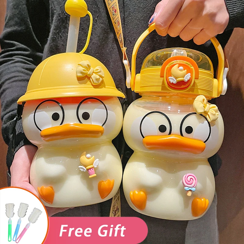 

1.2L Plastic Tumbler With Straw Free Shipping Items School Kids Kawaii Drink Cup Cartoon Duck Kettle Cute Water Bottle For Girls