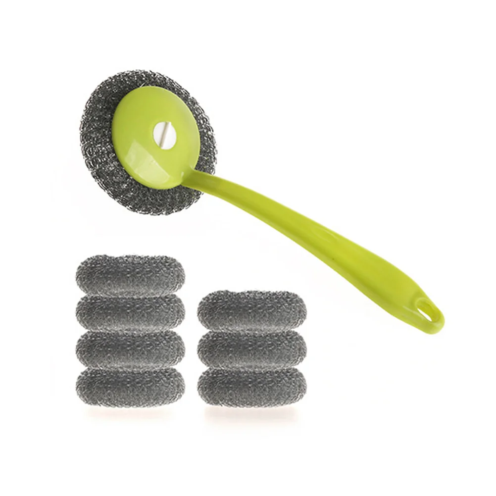 

Steel Wire Scrubber Stainless Handle Ball Brush Cleaning Scourer Scrub Long Pads Washing Sponge Brushes Pot Metal Pad