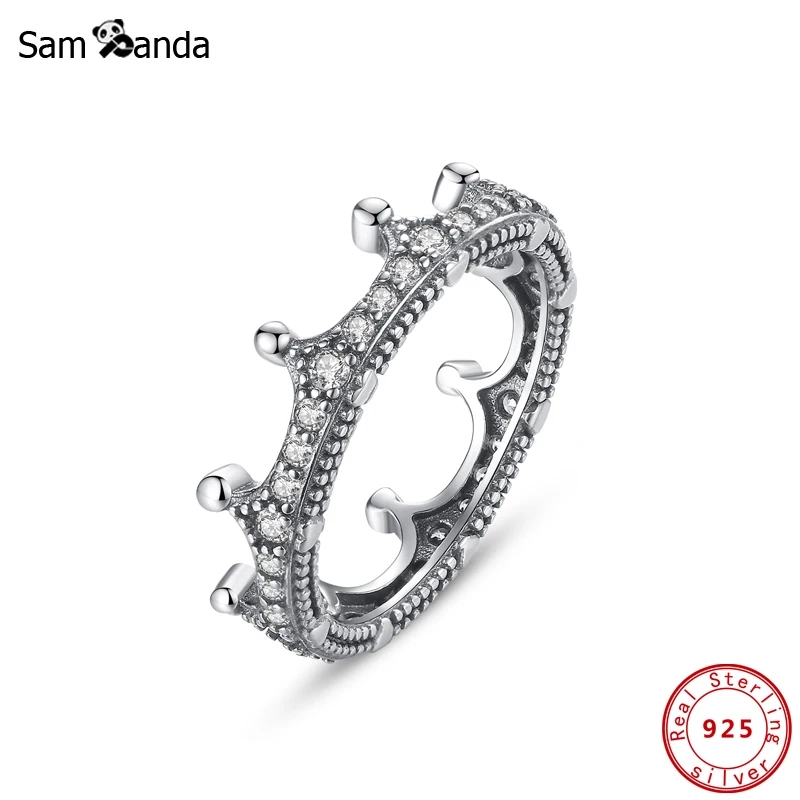 

Original 925 Sterling Silver Ring Crown Princess Tiara Stackable Rings Vintage Crystals For Women Wedding Gift Jewelry