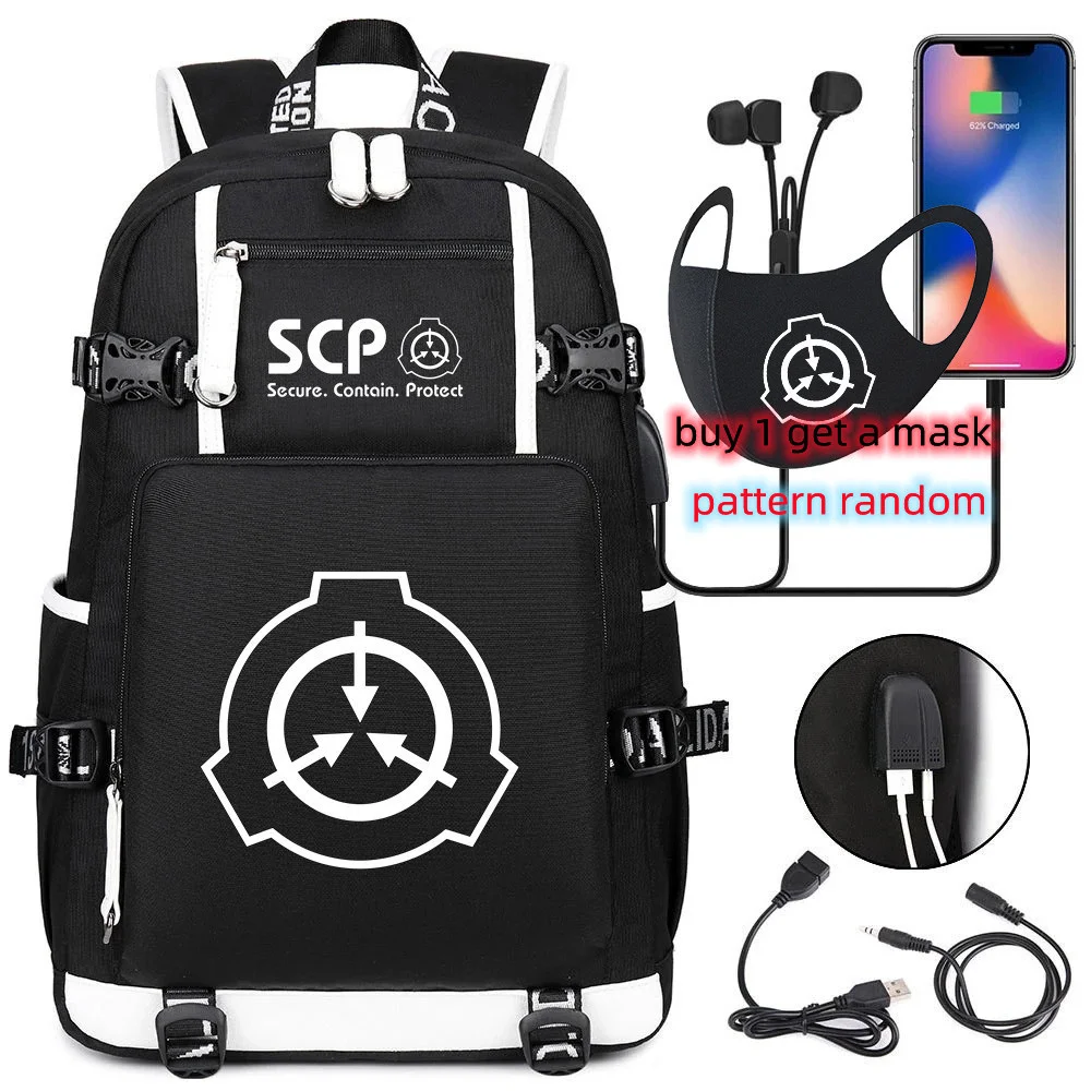 

SCP Foundation Backpack Black Bookbag Cartoon School Bags for Teenage Kids SCP Travel Bagpack USB Laptop Shoulder Bags